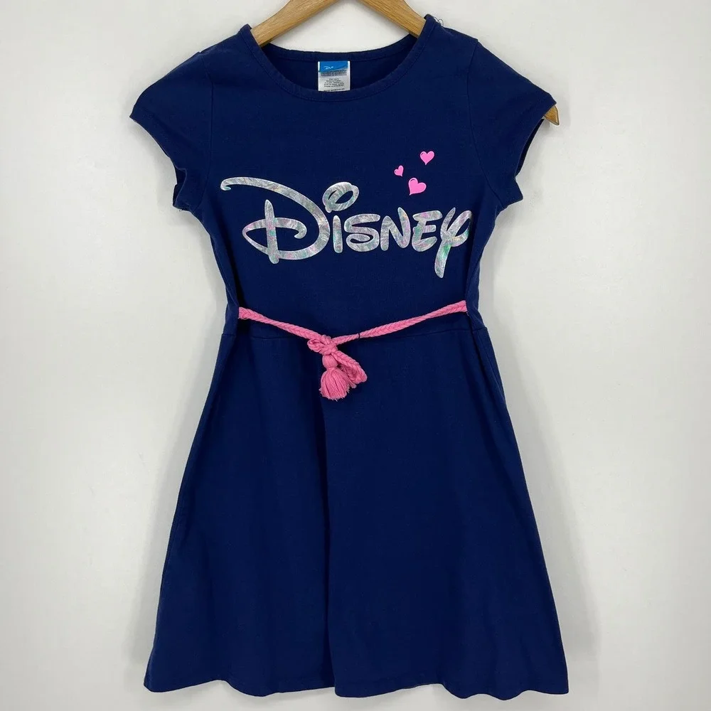 Disney Girls Blue Dress Silver Holographic Logo Pink Braided Belt Size 10/12